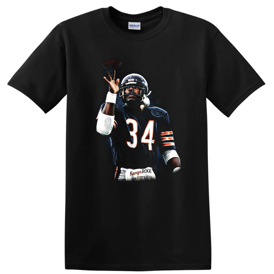 Walter Payton Chicago Bears number 34 football action portrait in dramatic retro style on a Black T Shirt