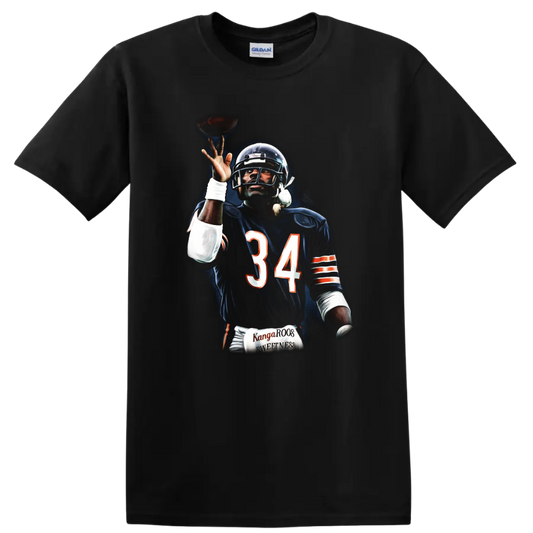 Walter Payton Chicago Bears number 34 football action portrait in dramatic retro style on a Black T Shirt