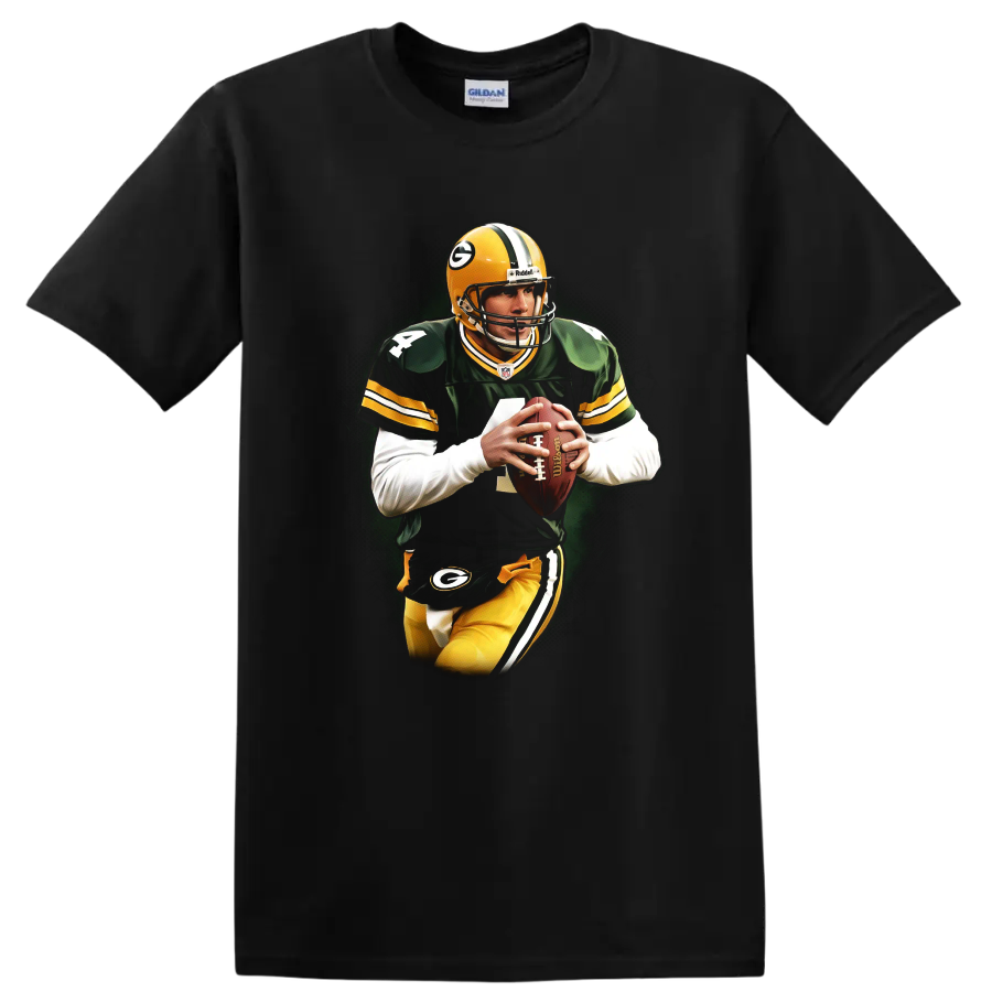 Aaron Rodgers Green Bay Packers quarterback action portrait with football on a Black T Shirt