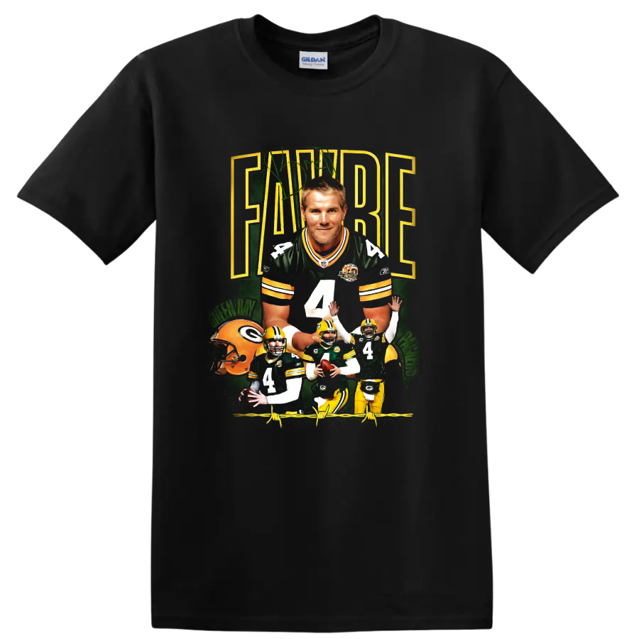 Brett Favre Packers number 4 football action collage in vintage sports-poster style on a Black T Shirt