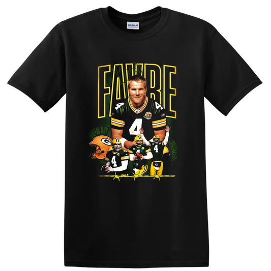 Brett Favre Packers number 4 football action collage in vintage sports-poster style on a Black T Shirt