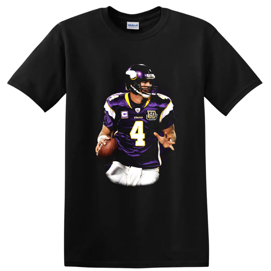 Brett Favre Minnesota Vikings quarterback portrait with purple number 4 uniform on a Black T Shirt
