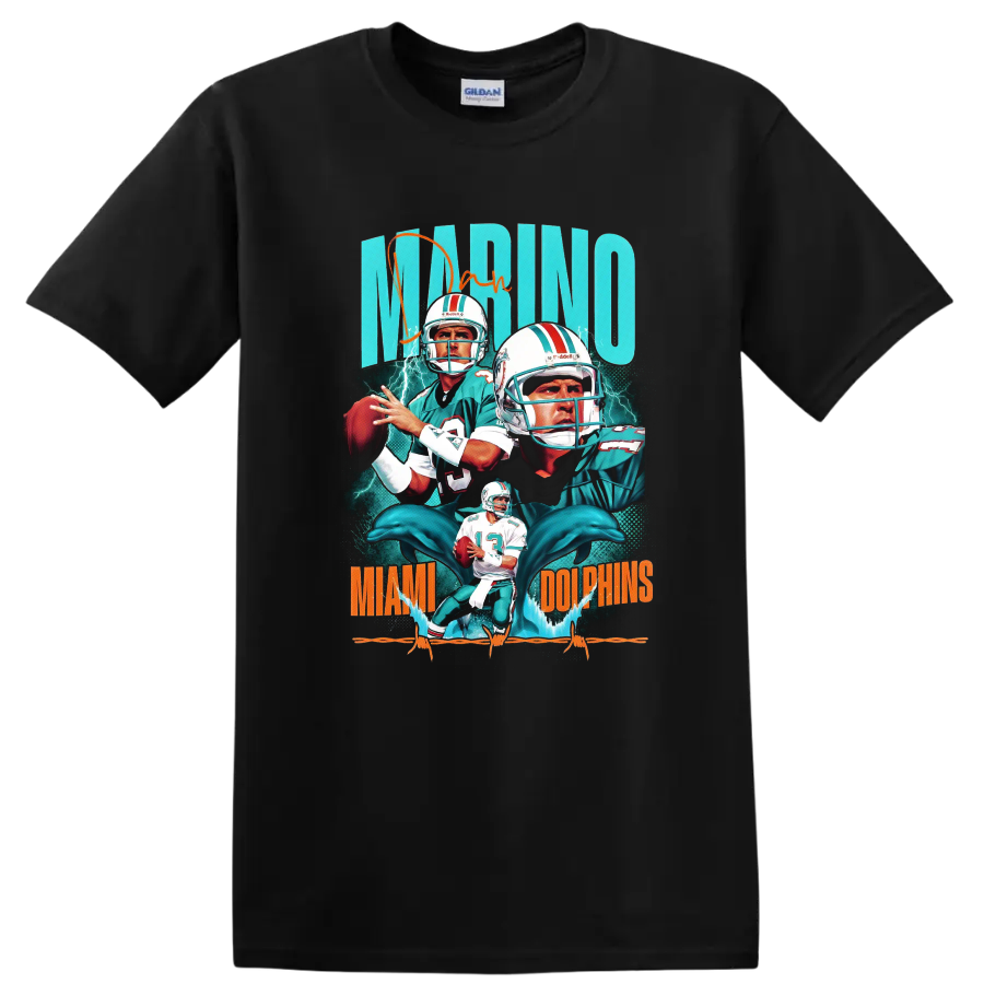 Dan Marino Miami Dolphins retro quarterback collage with dolphins and lightning on a Black T Shirt