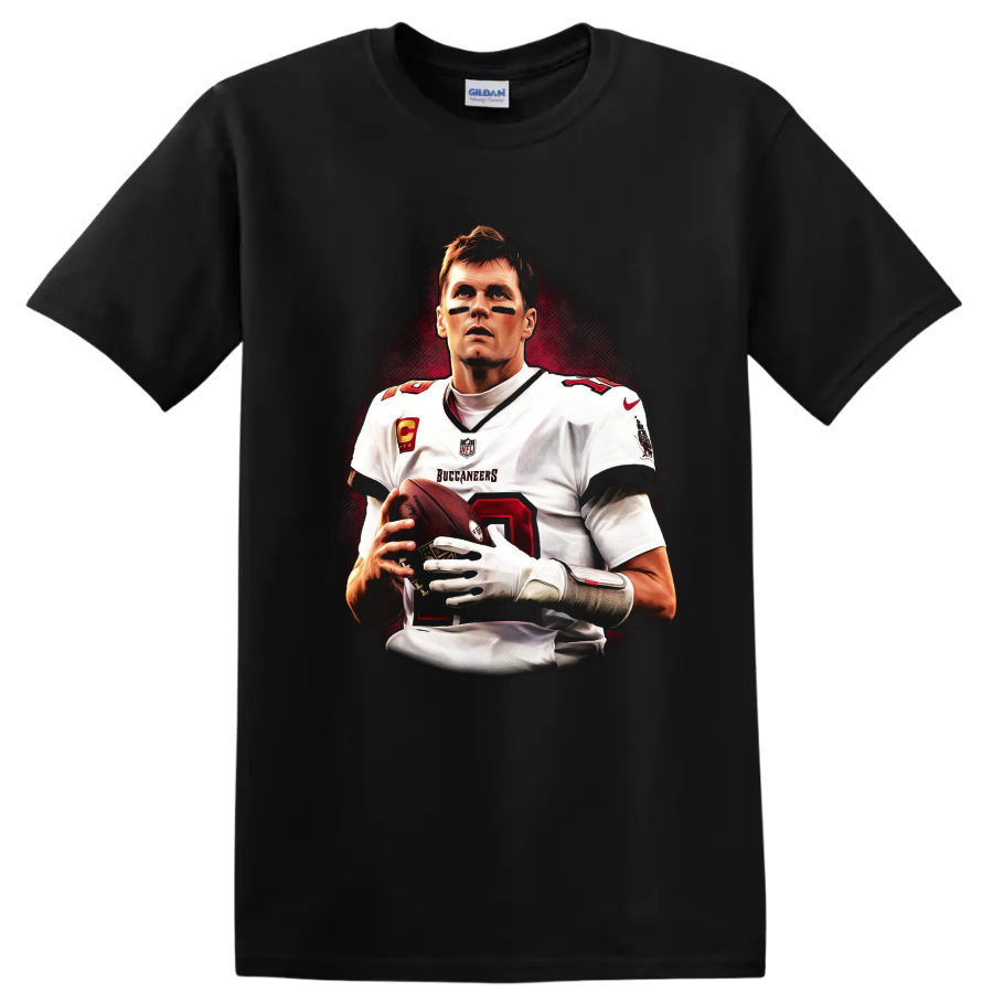 Tom Brady Buccaneers quarterback portrait with football and dramatic red backdrop on a Black T Shirt