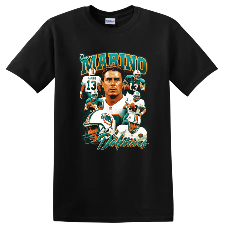 Dan Marino Miami Dolphins quarterback portrait collage with number 13 action scenes on a Black T Shirt