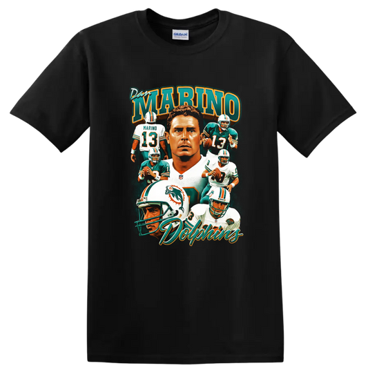 Dan Marino Miami Dolphins quarterback portrait collage with number 13 action scenes on a Black T Shirt