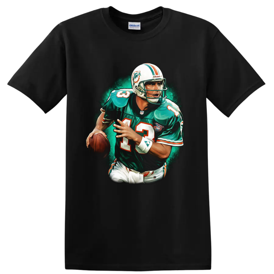 Dan Marino Miami Dolphins quarterback retro action portrait with teal halftone backdrop on a Black T Shirt