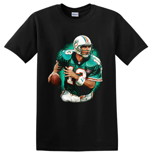 Dan Marino Miami Dolphins quarterback retro action portrait with teal halftone backdrop on a Black T Shirt