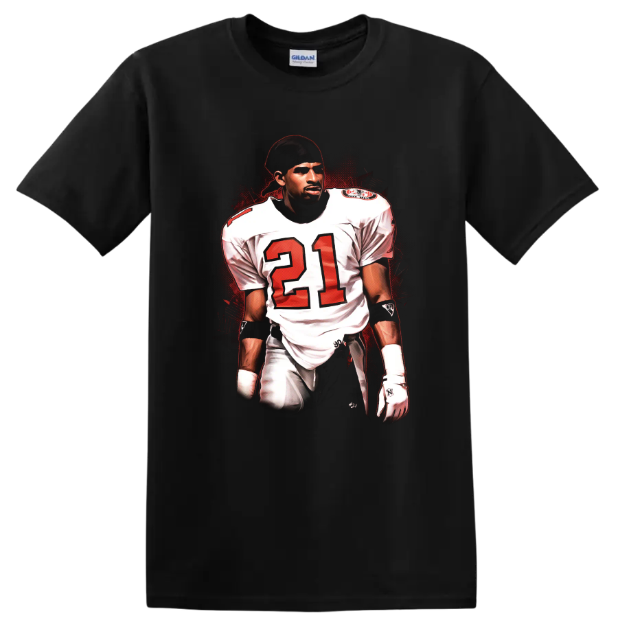 Deion Sanders number 21 football player illustration with red splatter background on a Black T Shirt