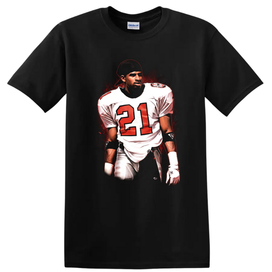 Deion Sanders number 21 football player illustration with red splatter background on a Black T Shirt