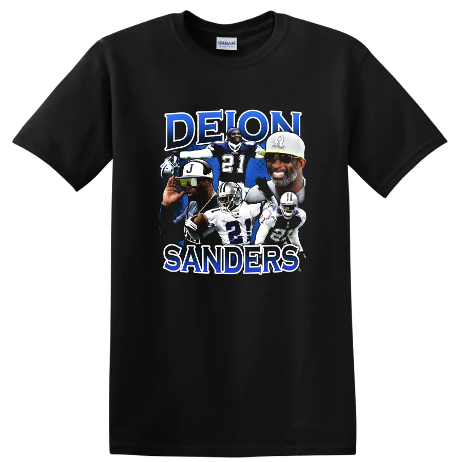 Deion Sanders football collage with blue paint splatter and DEION SANDERS lettering on a Black T Shirt