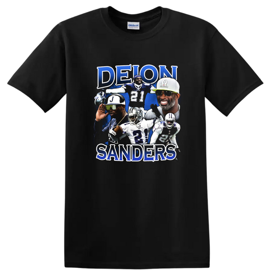 Deion Sanders football collage with blue paint splatter and DEION SANDERS lettering on a Black T Shirt