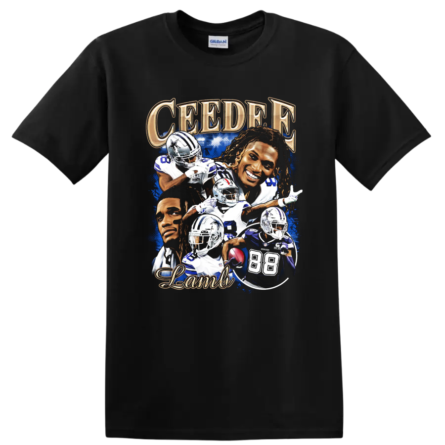 CeeDee Lamb Dallas Cowboys football action and portrait collage with gold lettering on a Black T Shirt
