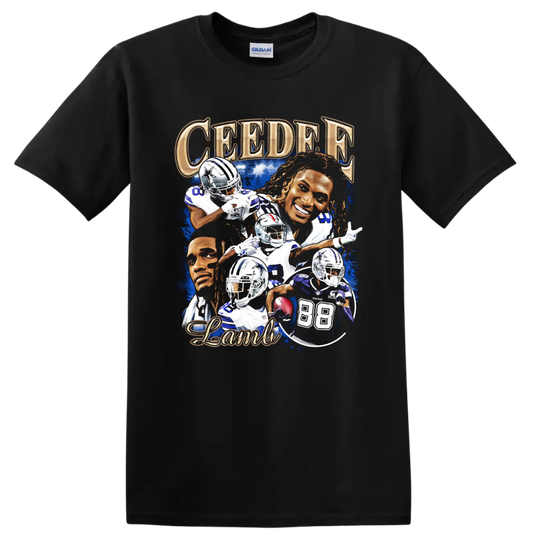 CeeDee Lamb Dallas Cowboys football action and portrait collage with gold lettering on a Black T Shirt