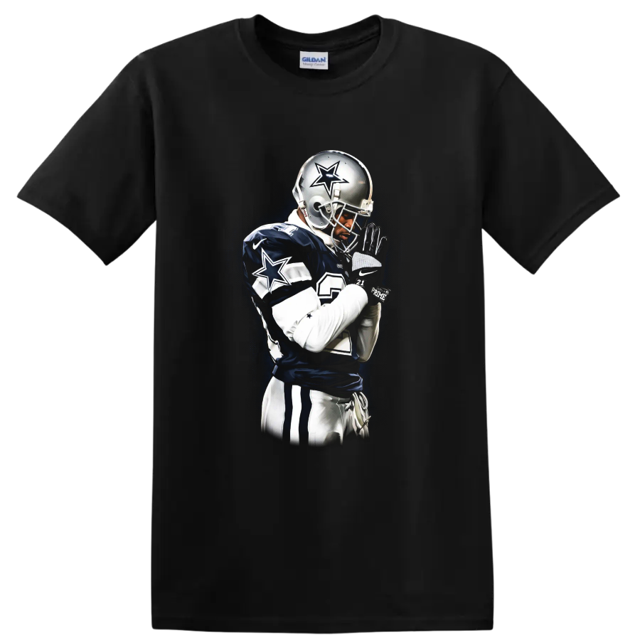 Deion Sanders Dallas Cowboys football portrait with silver helmet and star details on a Black T Shirt