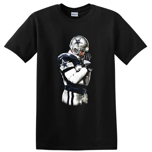 Deion Sanders Dallas Cowboys football portrait with silver helmet and star details on a Black T Shirt