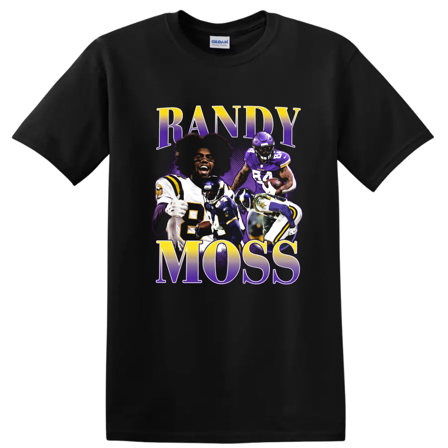 Randy Moss Minnesota Vikings football action collage with RANDY MOSS lettering on a Black T Shirt
