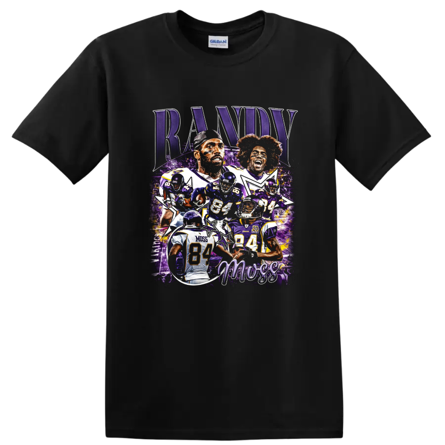 Randy Moss Minnesota Vikings purple football collage with action poses and number 84 on a Black T Shirt