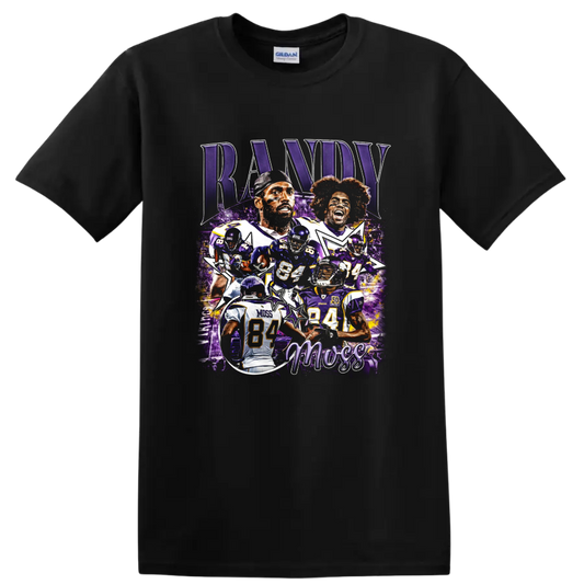 Randy Moss Minnesota Vikings purple football collage with action poses and number 84 on a Black T Shirt