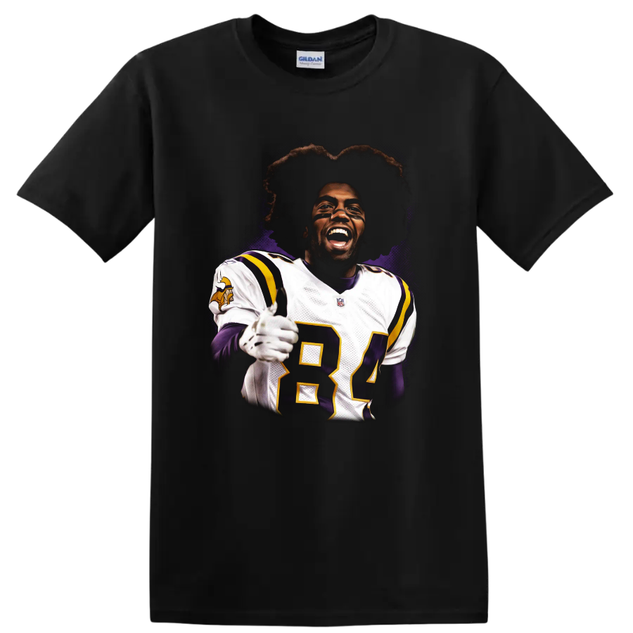Randy Moss Minnesota Vikings number 84 football portrait with purple splatter art on a Black T Shirt