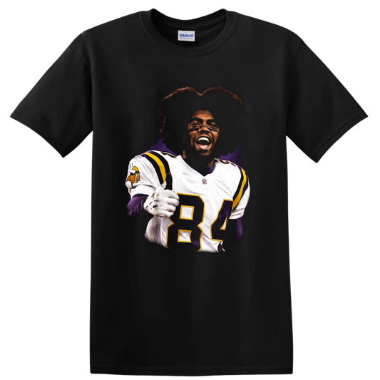 Randy Moss Minnesota Vikings number 84 football portrait with purple splatter art on a Black T Shirt