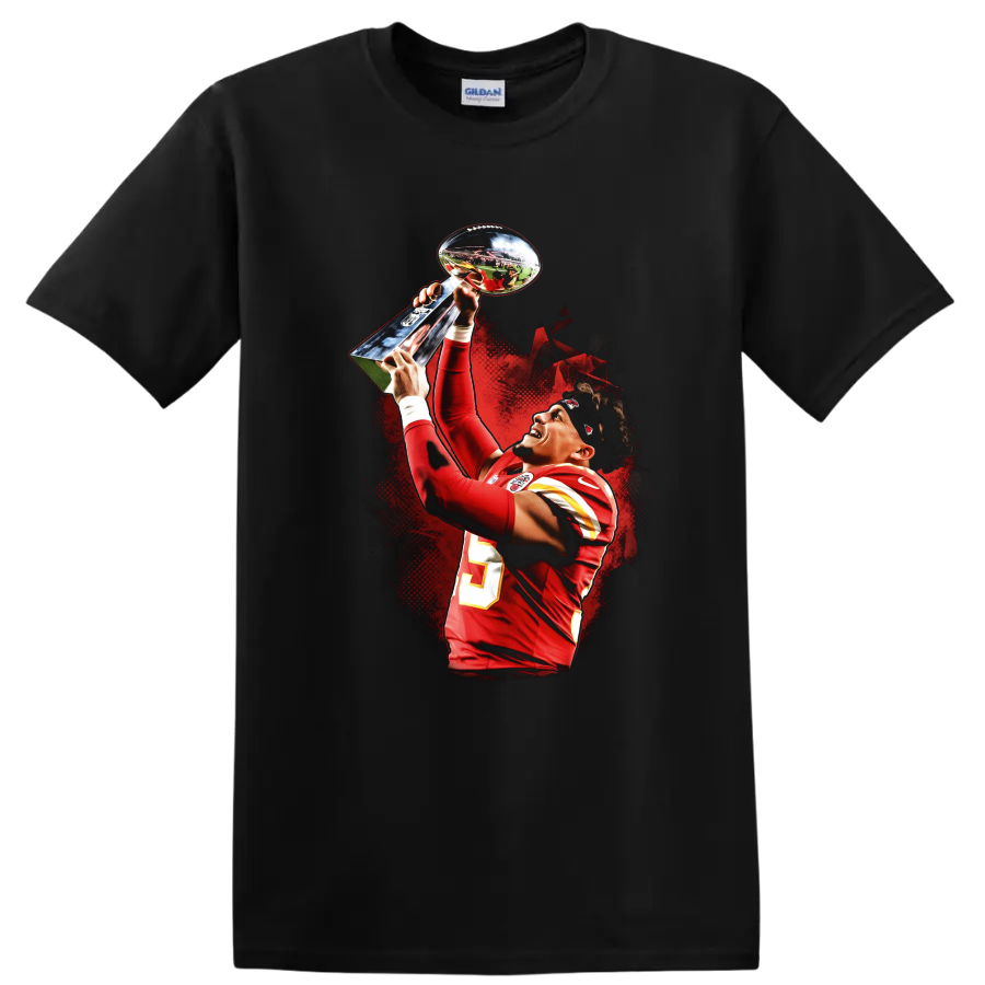 Patrick Mahomes raising a trophy in red football uniform with dramatic red splatter art on a Black T Shirt