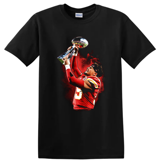 Patrick Mahomes raising a trophy in red football uniform with dramatic red splatter art on a Black T Shirt