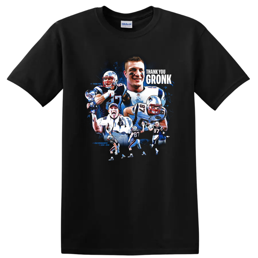 Rob Gronkowski Patriots football action collage with Thank You Gronk lettering on a Black T Shirt