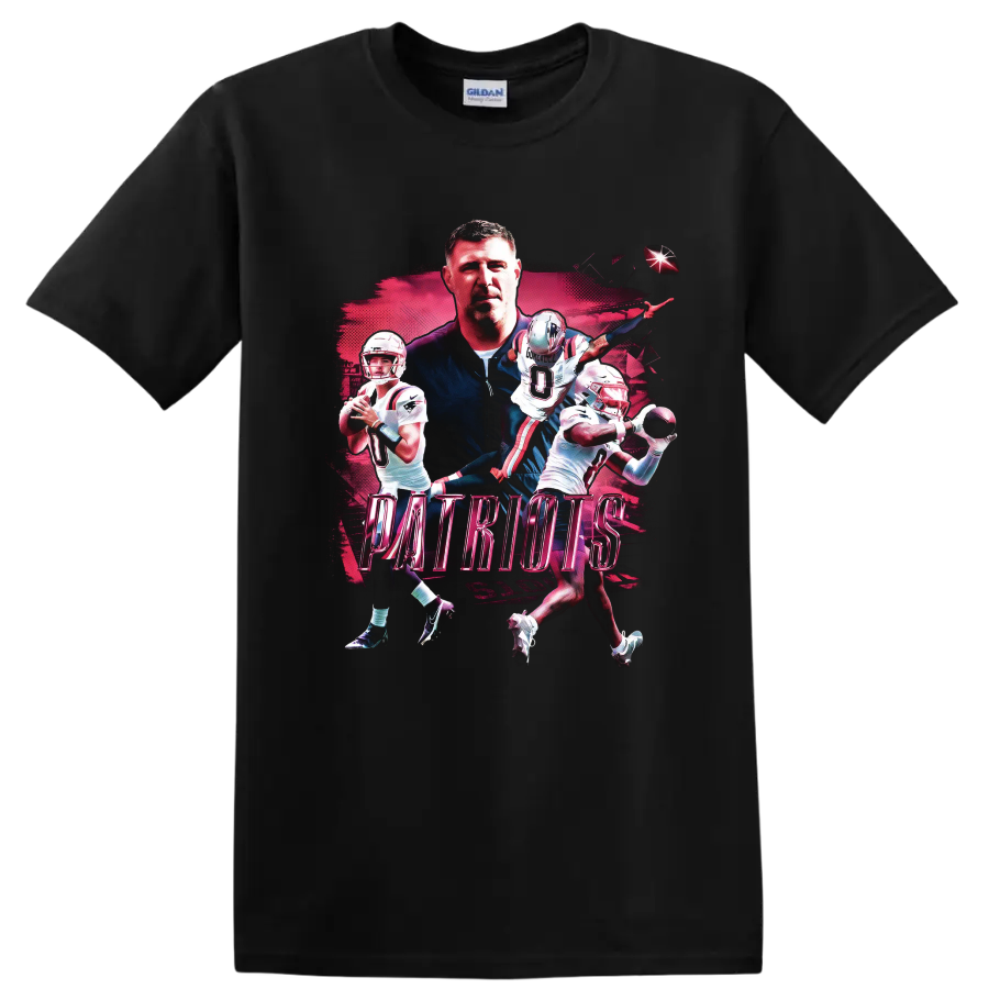 Drake Maye and Stefon Diggs Patriots football action collage with bold PATRIOTS text on a Black T Shirt