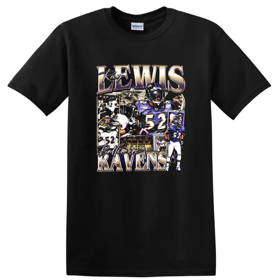 Ray Lewis Baltimore Ravens number 52 football collage with stadium and helmet portraits on a Black T Shirt