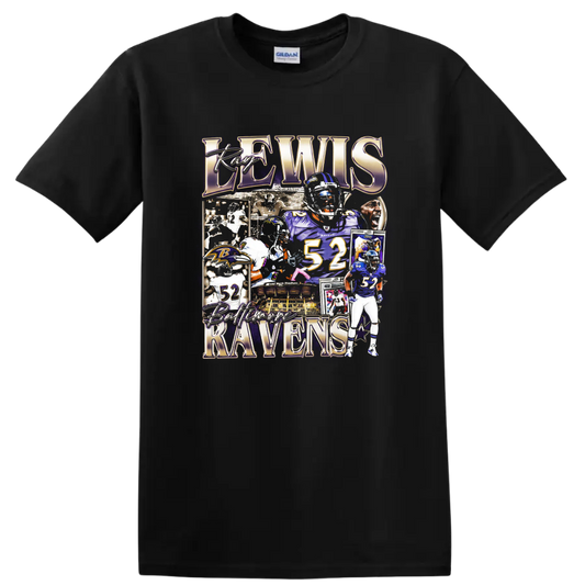 Ray Lewis Baltimore Ravens number 52 football collage with stadium and helmet portraits on a Black T Shirt