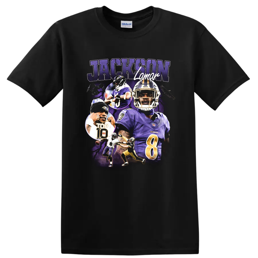 Lamar Jackson Baltimore Ravens number 8 football portrait collage with JACKSON text on a Black T Shirt