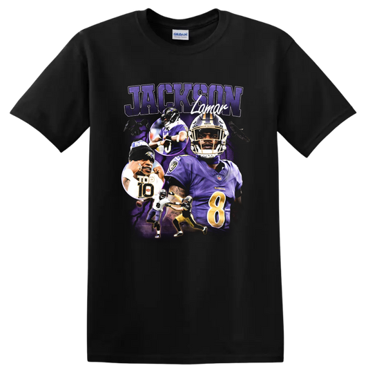 Lamar Jackson Baltimore Ravens number 8 football portrait collage with JACKSON text on a Black T Shirt