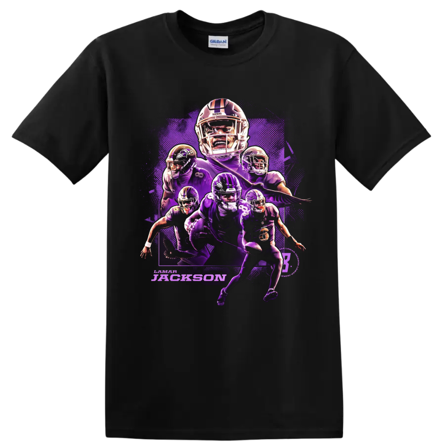 Lamar Jackson Baltimore Ravens purple football action collage with layered player poses on a Black T Shirt