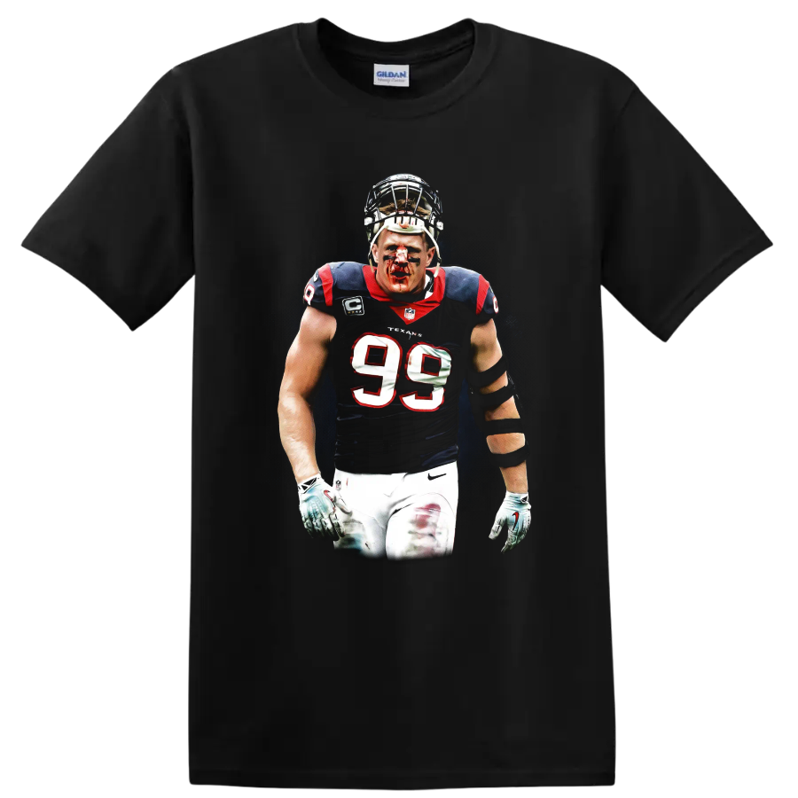 J.J. Watt Houston Texans defensive player portrait in gritty football graphic style on a Black T Shirt