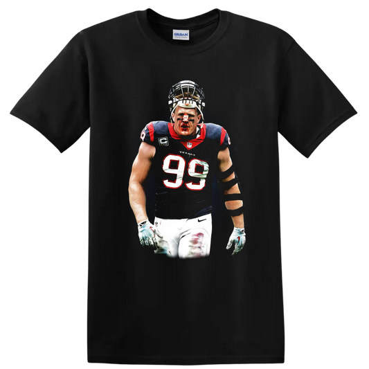 J.J. Watt Houston Texans defensive player portrait in gritty football graphic style on a Black T Shirt