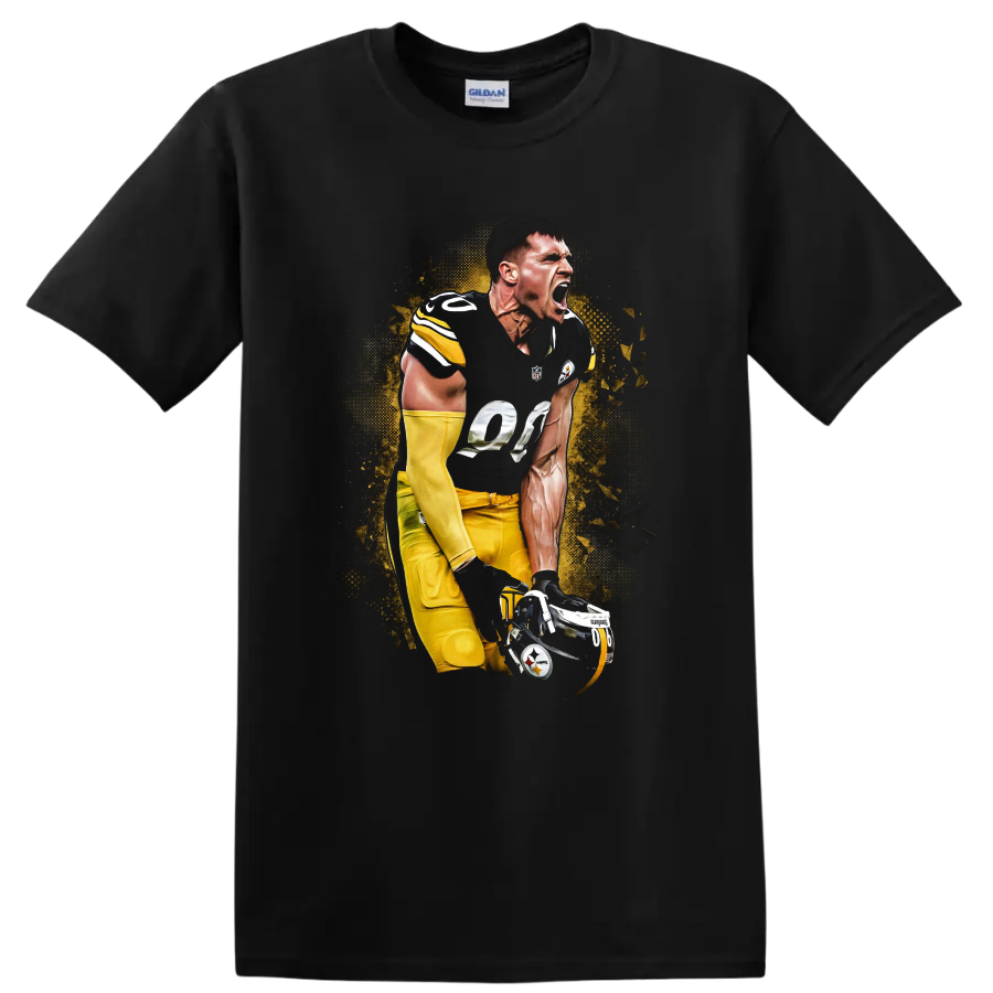 Ben Roethlisberger Steelers quarterback in a roaring pose with gold halftone burst art on a Black T Shirt