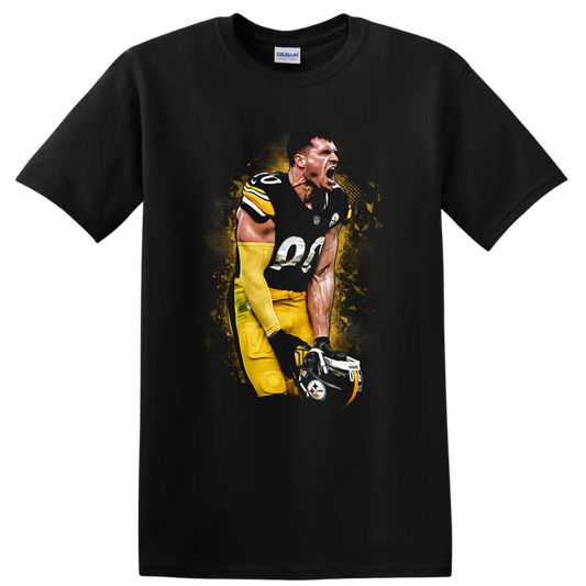 Ben Roethlisberger Steelers quarterback in a roaring pose with gold halftone burst art on a Black T Shirt