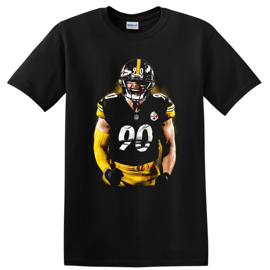 T.J. Watt Steelers defensive football player portrait with gold halftone backdrop on a Black T Shirt