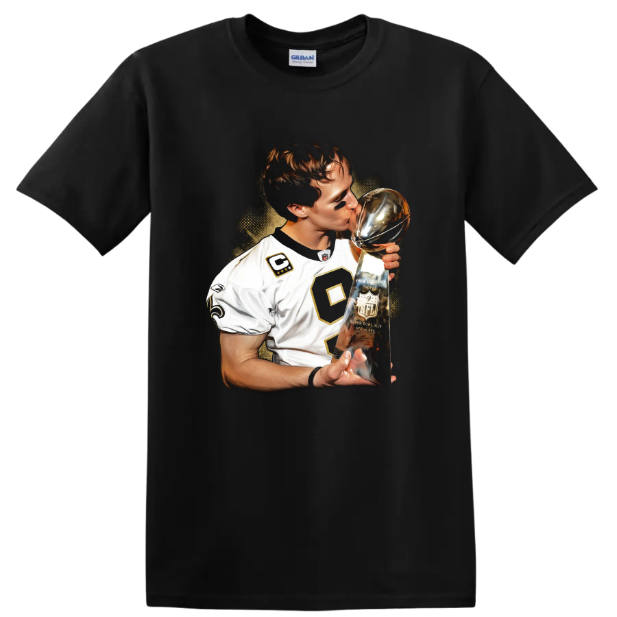 Drew Brees kissing the Vince Lombardi Trophy in dramatic football portrait art on a Black T Shirt