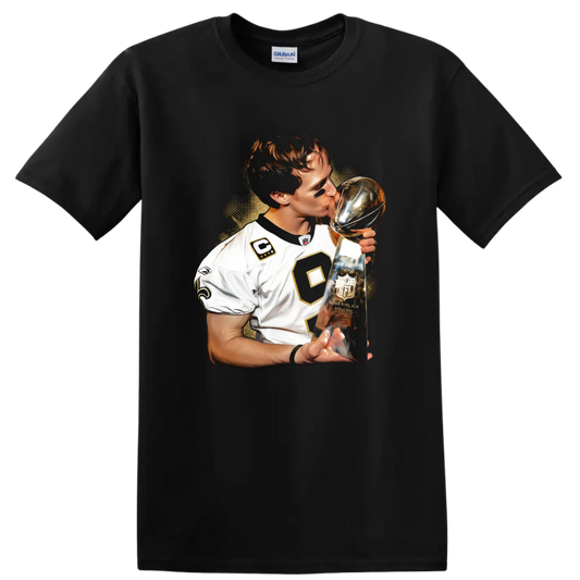 Drew Brees kissing the Vince Lombardi Trophy in dramatic football portrait art on a Black T Shirt