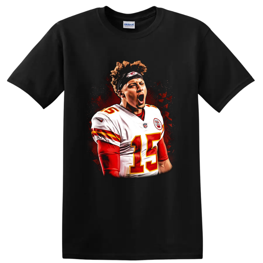 Patrick Mahomes Chiefs number 15 quarterback portrait with red and black action art on a Black T Shirt