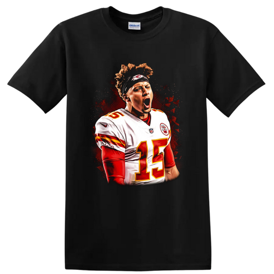 Patrick Mahomes Chiefs number 15 quarterback portrait with red and black action art on a Black T Shirt