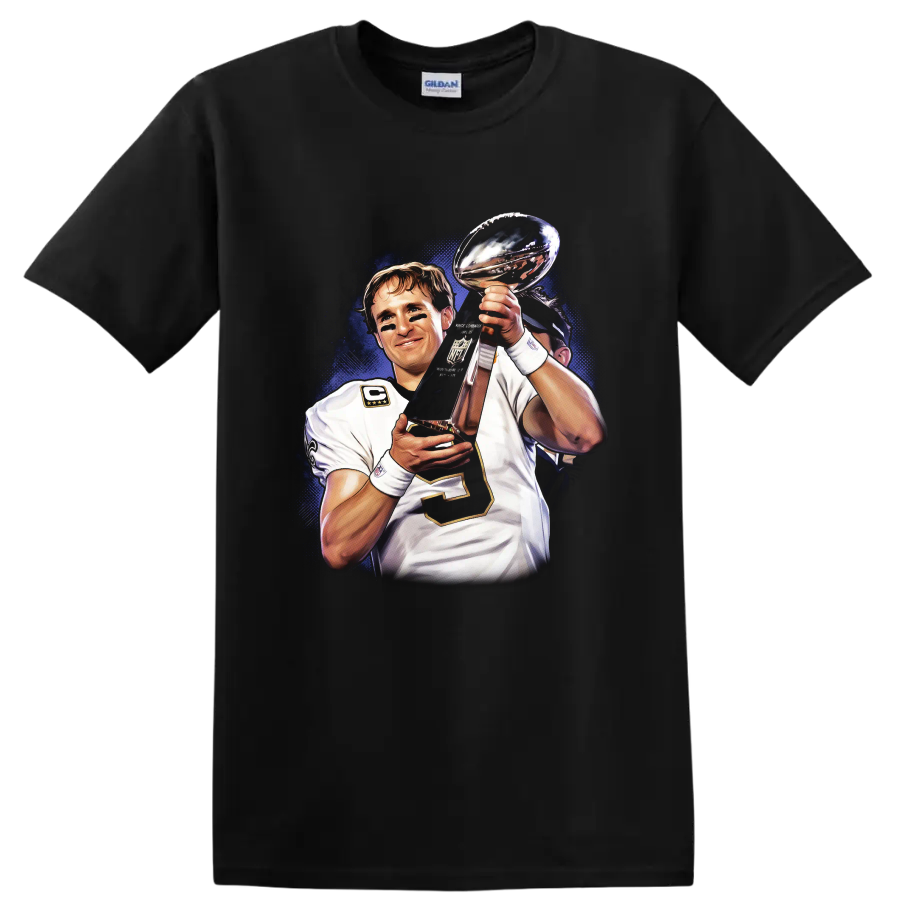 Drew Brees holding Lombardi Trophy in illustrated New Orleans Saints football art on a Black T Shirt