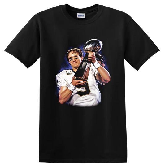 Drew Brees holding Lombardi Trophy in illustrated New Orleans Saints football art on a Black T Shirt