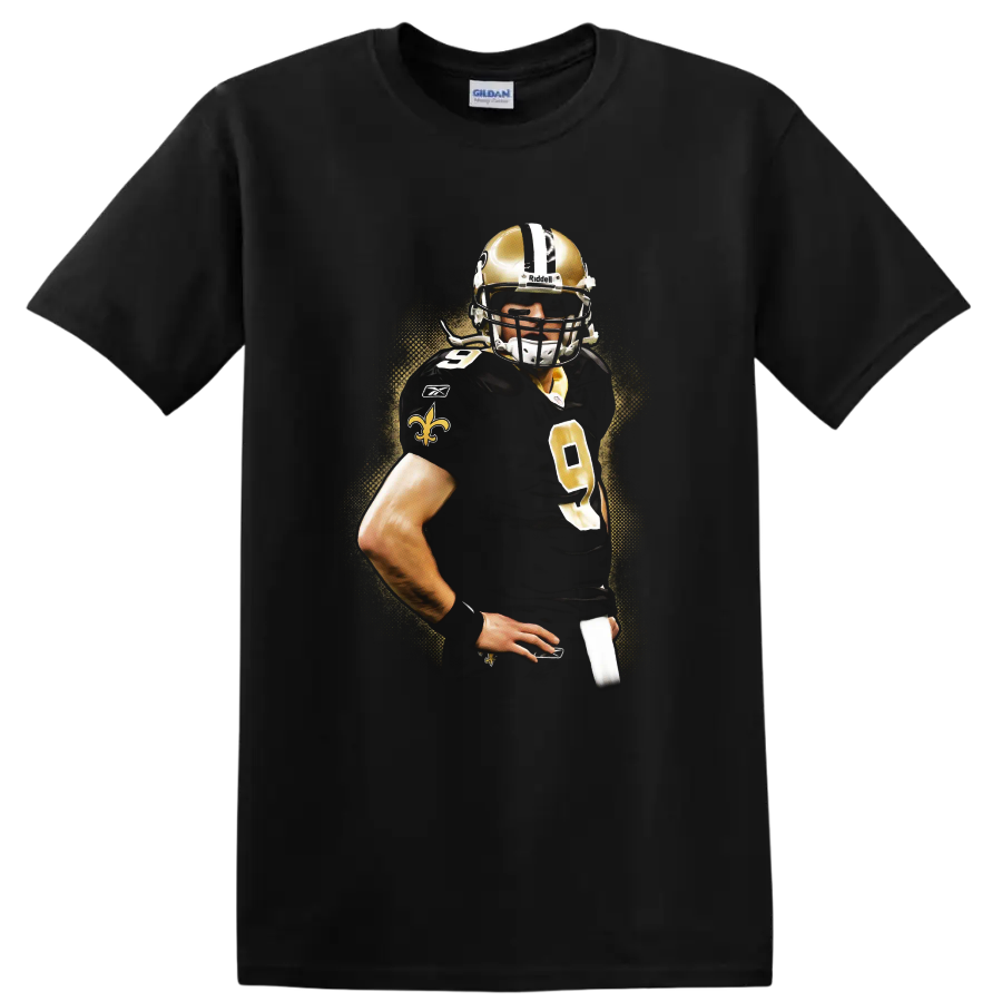 Drew Brees New Orleans Saints quarterback portrait with gold splatter background on a Black T Shirt