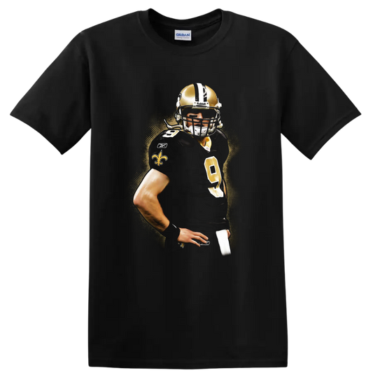 Drew Brees New Orleans Saints quarterback portrait with gold splatter background on a Black T Shirt