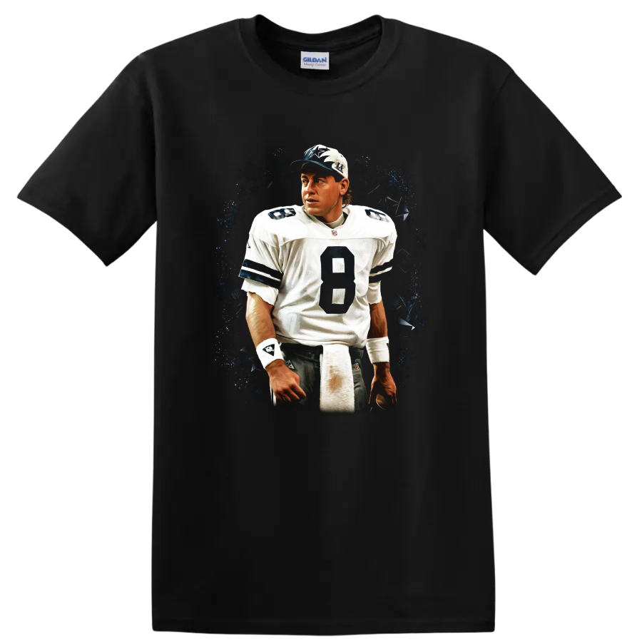 Troy Aikman Dallas Cowboys quarterback portrait with dark vintage splatter backdrop on a Black T Shirt