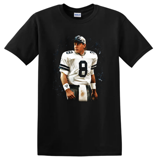 Troy Aikman Dallas Cowboys quarterback portrait with dark vintage splatter backdrop on a Black T Shirt