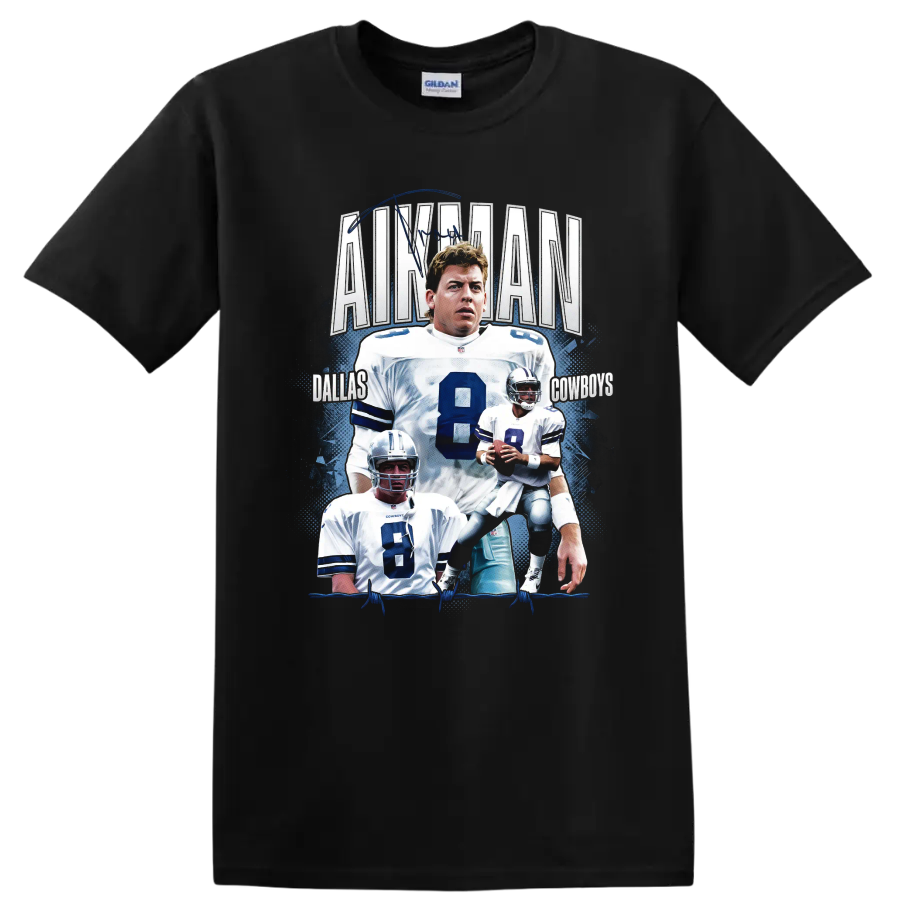Troy Aikman Dallas Cowboys No. 8 football collage with quarterback action portraits on a Black T Shirt